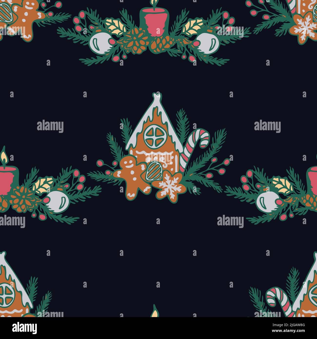 Seamless vector pattern with gingerbread house and candle on black ...