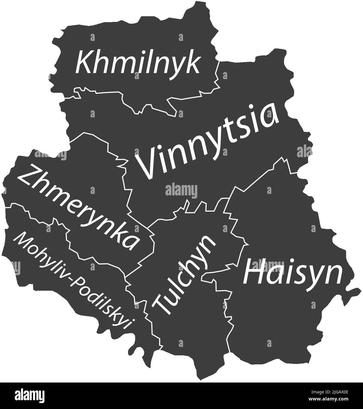 Dark gray tagged map of raions of the VINNYTSIA OBLAST, UKRAINE Stock Vector