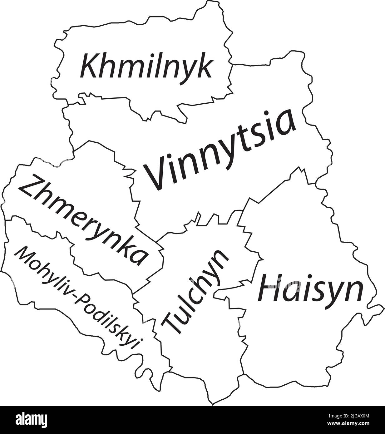 White tagged map of raions of the VINNYTSIA OBLAST, UKRAINE Stock Vector
