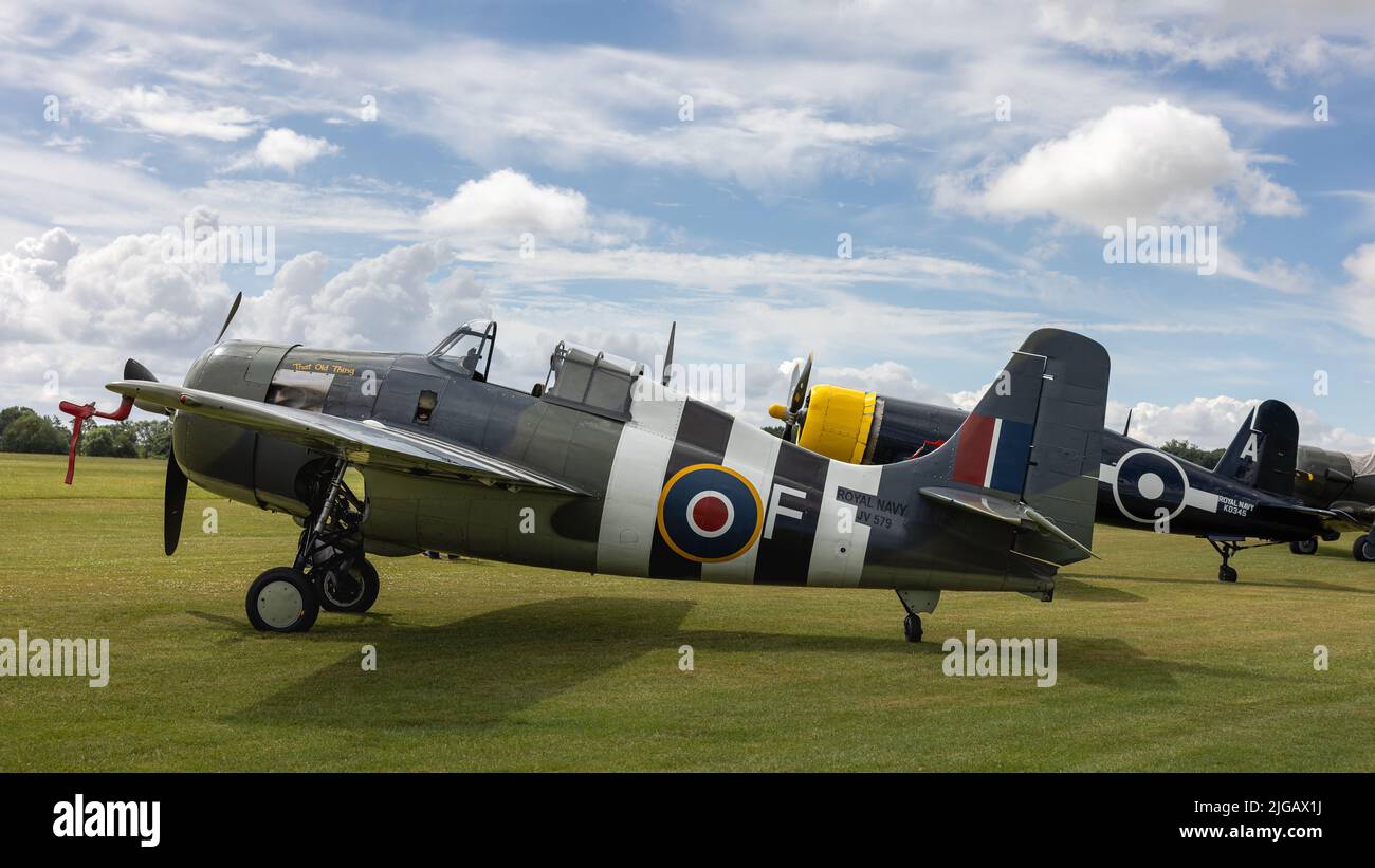 Grumman Wildcat FM-2 & Goodyear FG-1D Corsair on static display at the Fly Navy Airshow held at Shuttleworth on the 3rd July 2022 Stock Photo