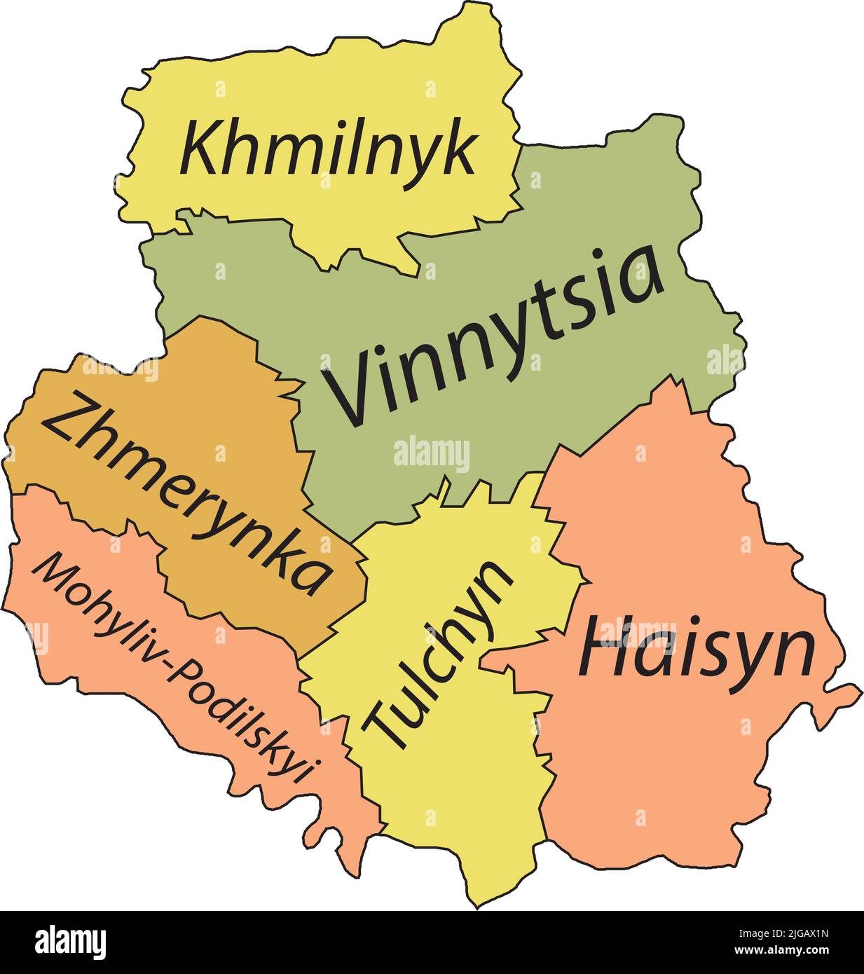 Pastel tagged map of raions of the VINNYTSIA OBLAST, UKRAINE Stock Vector