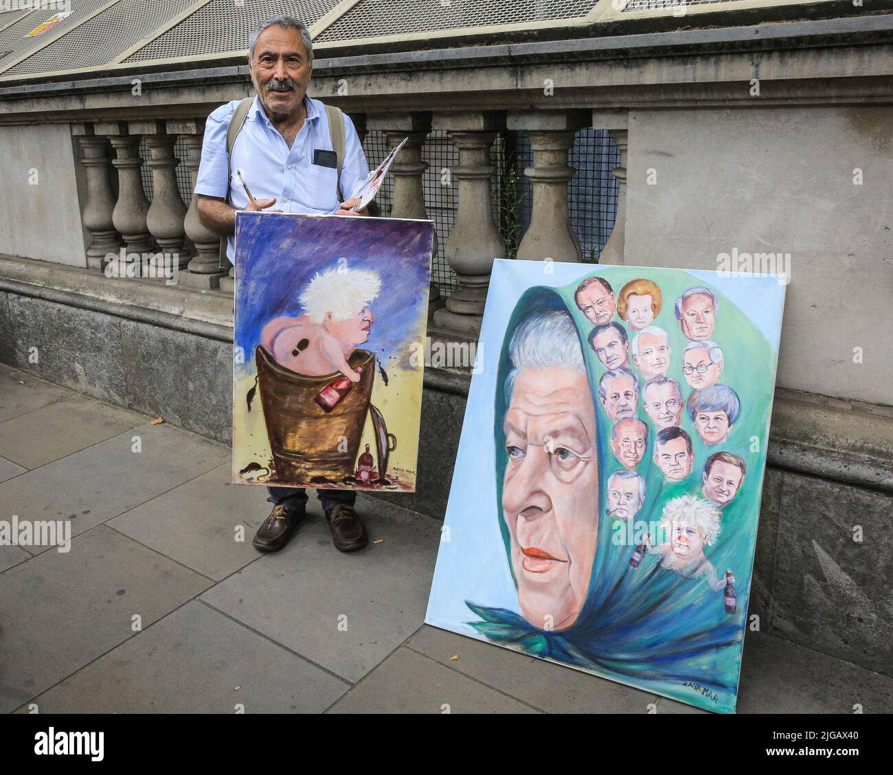 Satirical artist and painter Kaya Mar with his latest works outside Downing Street on the day of Boris Johnson's resignation, London Stock Photo