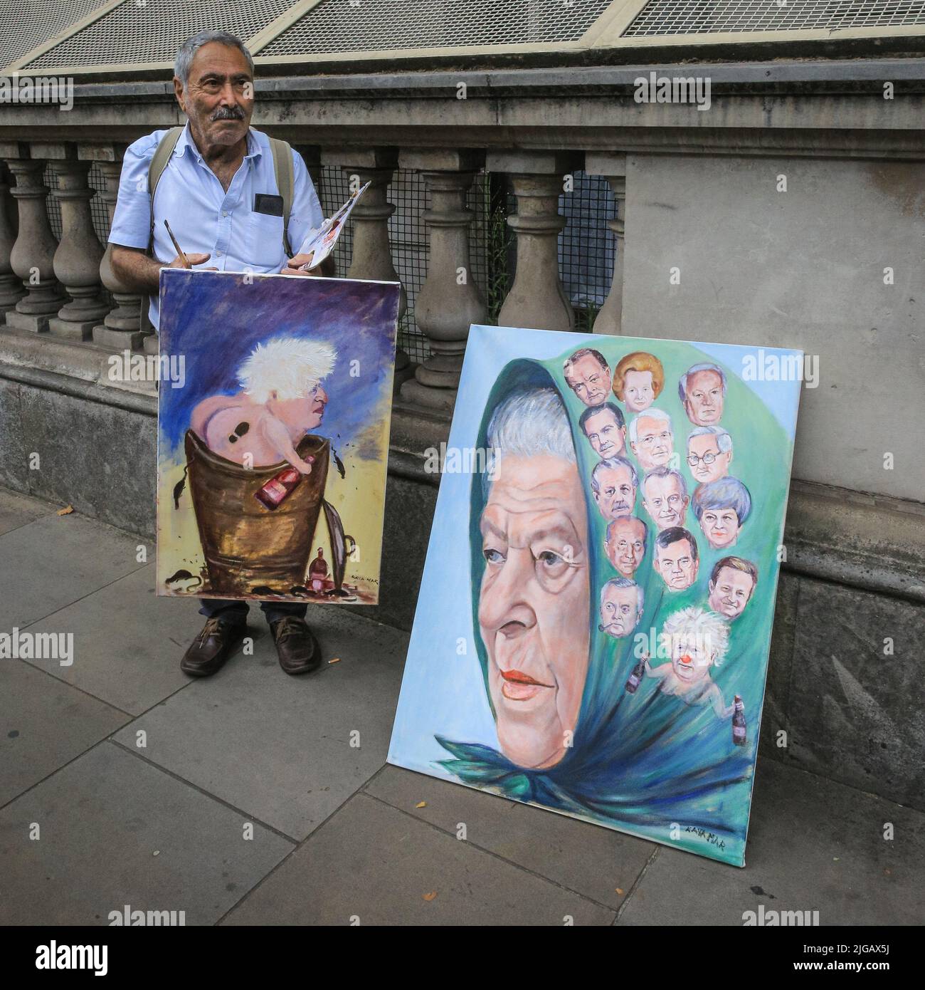 Satirical artist and painter Kaya Mar with his latest works outside Downing Street on the day of Boris Johnson's resignation, London Stock Photo