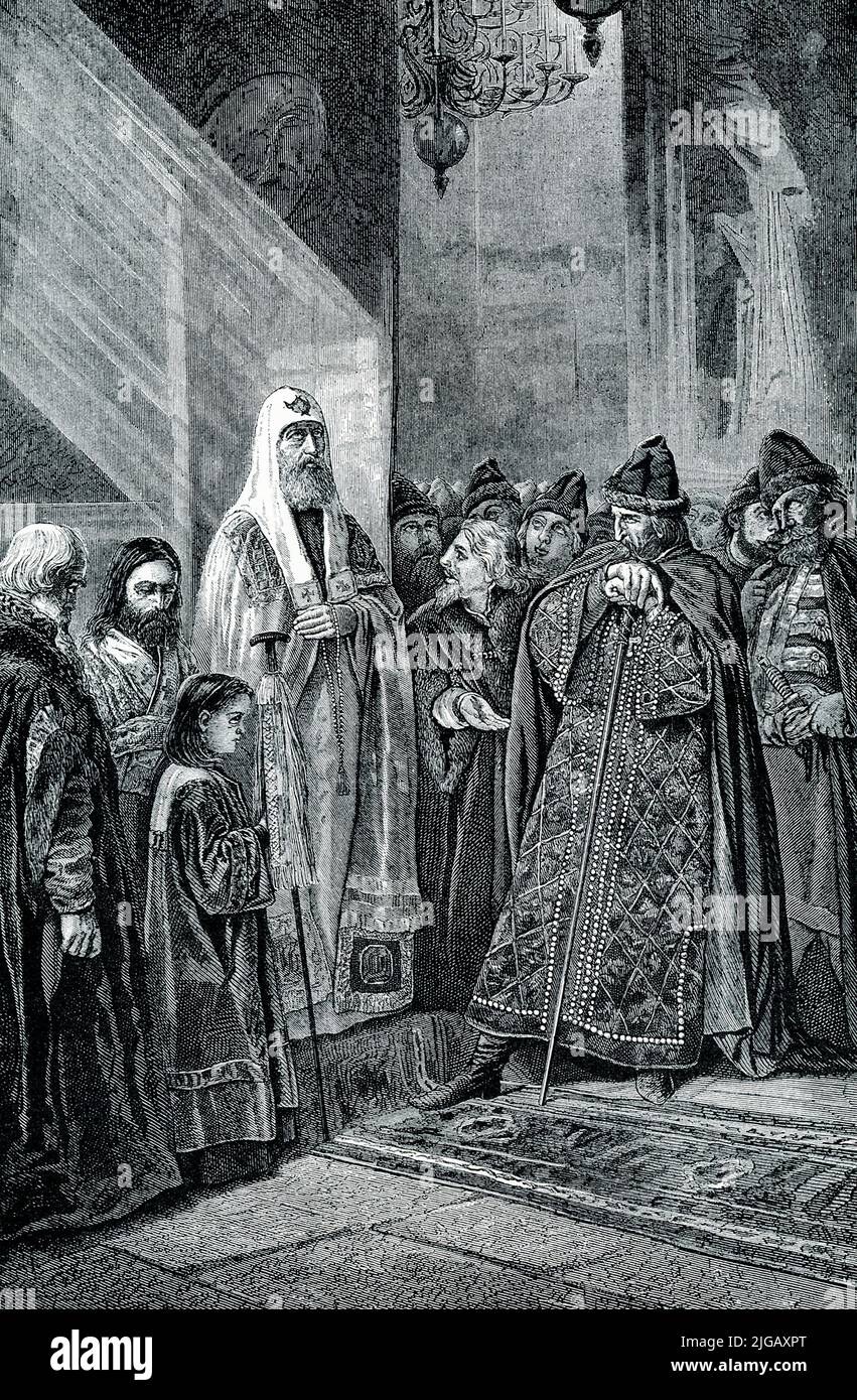 The 1906 caption reads” HIGH PRIEST PHILIP REBUKING IVAN THE TERRIBLE.—Ivan IV [died 1584] was the most bloody of Russia's many tyrants. He always pretended to deep religious feeling, yet he is said to have put to death more than sixty thousand of his subjects. His high priest, or 'Metropolitan,' though knowing that the act meant death, finally felt compelled to rebuke and condemn the monster. Ivan, pretending great horror that any one should find fault with so holy a man as he, tried to compel Philip to retract his words, and, failing, had the priest cruelly executed. Stock Photo