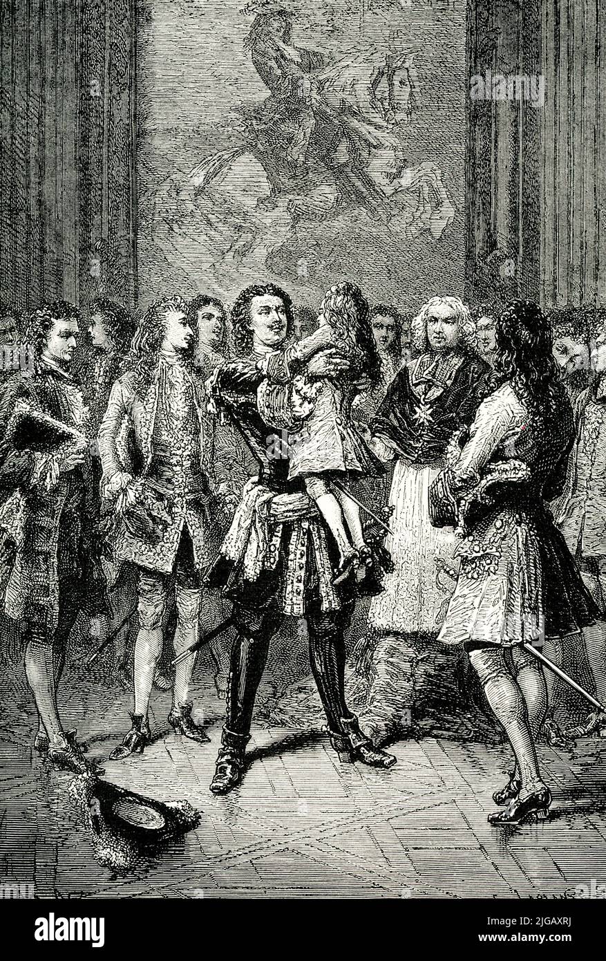 The 1906 caption reads ” PETER EMBRACING LOUIS XV. OF FRANCE.—In his travels through Europe, Peter came to the French court [this was in 1717] where the King, Louis XV., was still a child. Peter carefully maintained the dignity of superior rank toward all the French courtiers, even the Prince Regent; but toward little Louis he displayed a much admired mingling- of the superiority of age, the equality of rank, and the respect due the most powerful of European monarchs.” Stock Photo