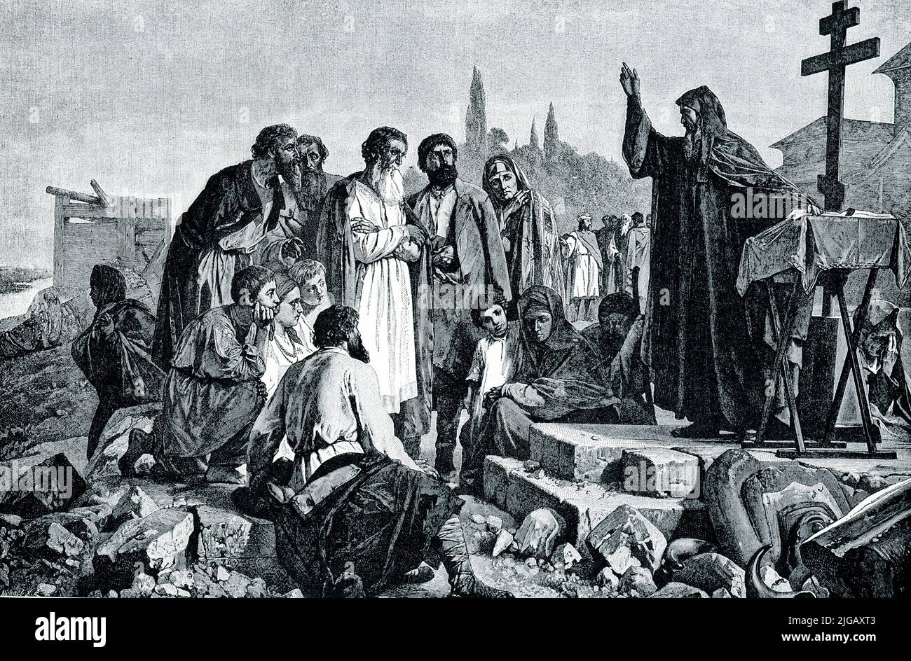 The 1906 caption reads ” SAINT ANDREW PREACHING CHRISTIANITY TO The RUSSIANS.—While historically we have no evidence that the Russians learned Christianity before the ninth century, they have a legend that Saint Andrew, one of the seventy-two apostles of Christ, visited their land in the first Christian century and was gladly welcomed by the natives. He taught them the rudiments of the faith, and although most of these were gradually forgotten, the natives always continued to use the sign of the cross and to look upon the symbol with deep reverence. Oddly enough, their ancient crucifix had, as Stock Photo