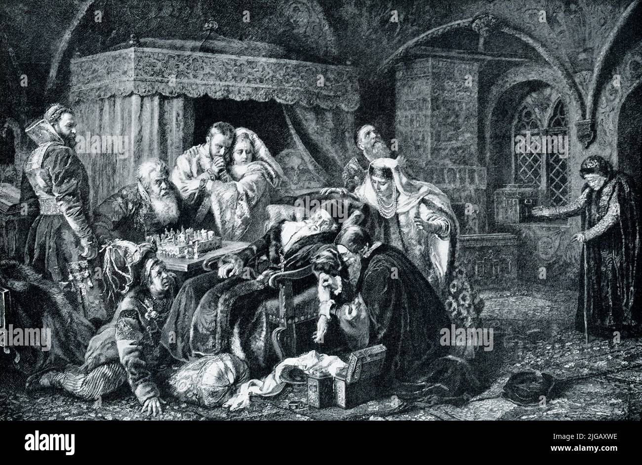 The 1906 caption reads “DEATH OF IVAN THE TERRIBLE.—This hideous tyrant in one of his rages slew his eldest and favorite son. Remorse for the deed weighed on him, he became subject to fainting spells, and finally expired in one of these. He had just interrupted a game of chess to berate his only surviving son, a half imbecile; and it may have been the mingled rage and despair at this incapable heir which overpowered the monarch. His son, protected able woman to whom he had been wedded, stares helplessly at his dying parent.” Ivan IV Vasilyevich, commonly known in English as Ivan the Terrible, Stock Photo
