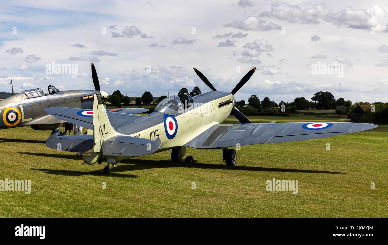 Navy Wings Seafire XVII SX336, on the flightline at the Fly Navy Airshow held at Shuttleworth on the 3rd July 2022 Stock Photo