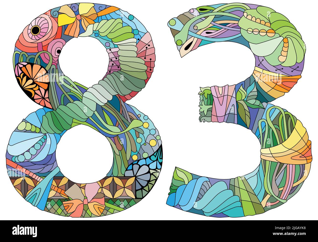 Eighty-three number Isolated zentangle illustration for decoration Stock Vector