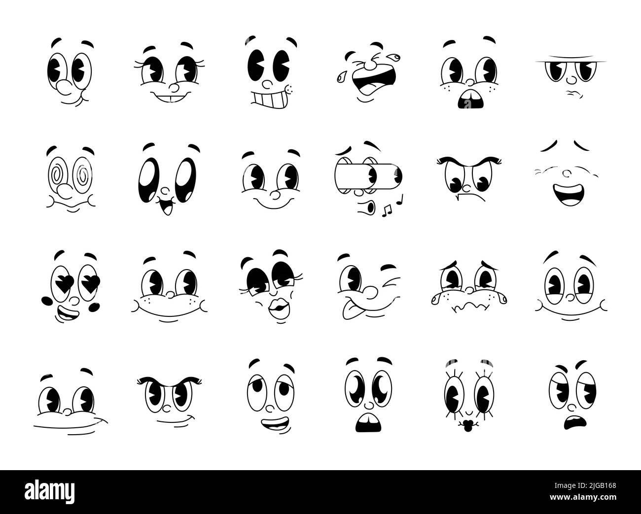 Retro cartoon and comics characters funny faces vector set. 30s, 50s, 60s old animation eyes and mouths elements. Vintage comic style faces for logo. Emoticon with different happy and sad emotions. Stock Vector