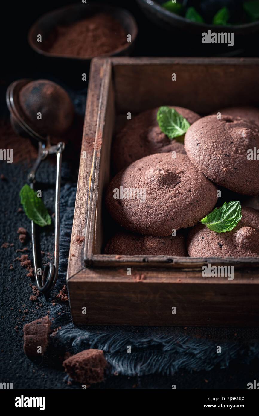 Traditionally and tasty chocolate shortbread cookies as a Danish sweet