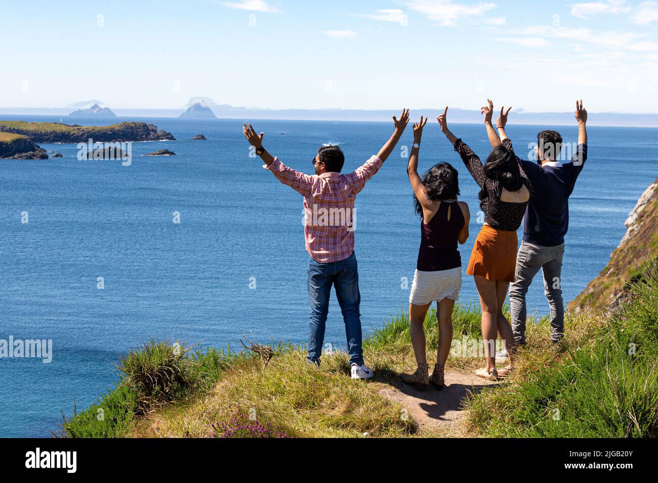 Valentia Island County Kerry, Ireland. 9th July 2022. Tourists viewing the Skellig Rocks from Valentia Island, County Kerry, Ireland Credit: Stephen Power/Alamy Live News Stock Photo