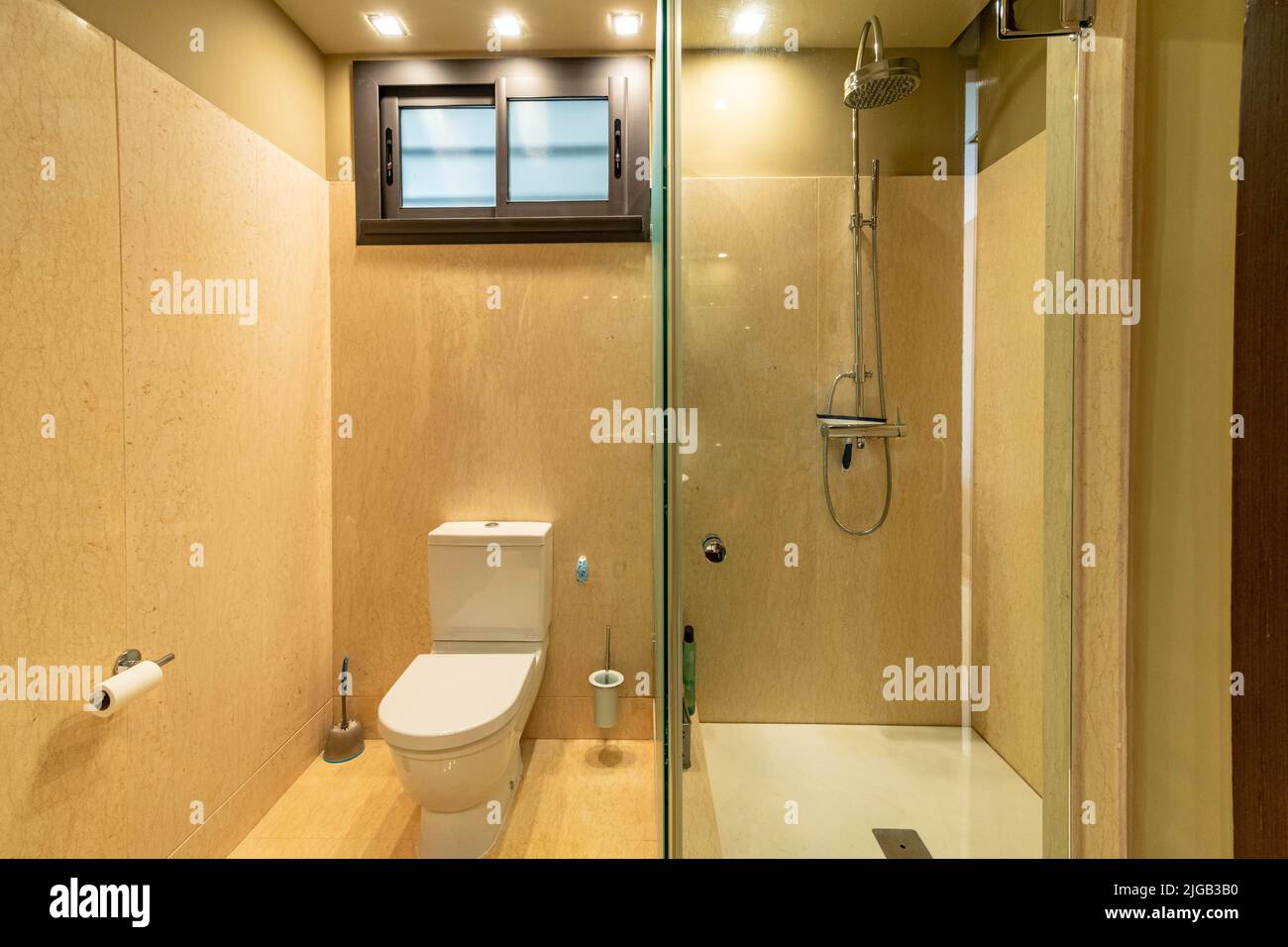 an image of a standing shower and toilet inside a luxury apartment