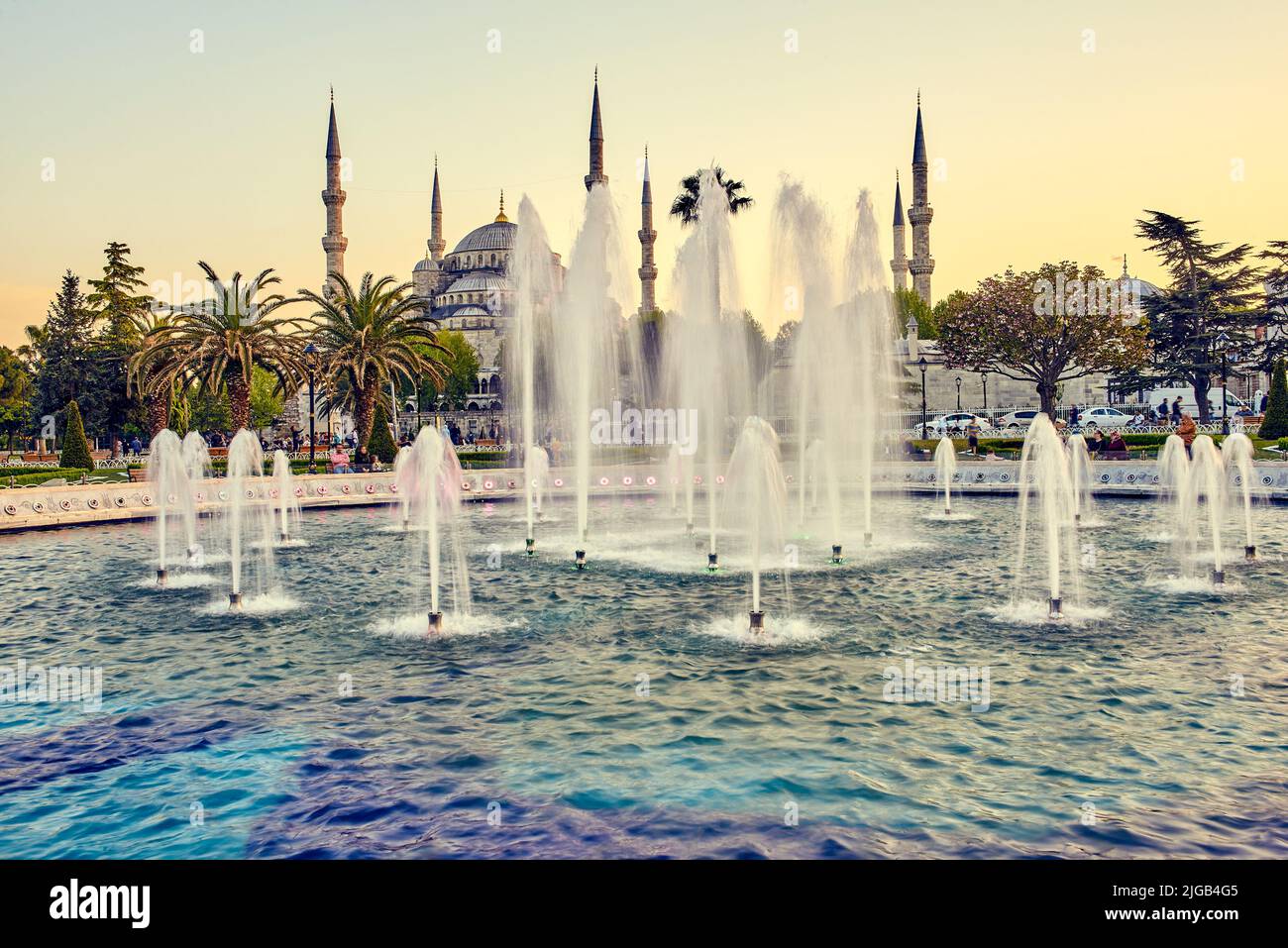 Fountain and The Sultan Ahmed Mosque in Istanbul during sunset Stock ...
