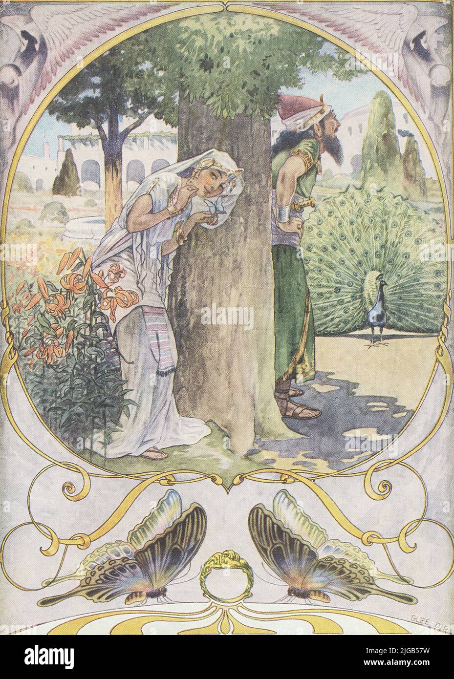 This 1912 image by J M Gleeson illustrates Kipling’s The butterfly that stamped. King Solomon was so wise he could understand what all creatures said, as well as rocks, trees, plants and people, and his Head Queen Balkis was nearly as wise as he. He wore a magic ring that gave him power to summon Djinns, Afrits, Fairies and the Archangel Gabriel. But he was not proud, and if he ever showed off he repented it. Once he tried to feed all the world’s animals in a day, but an Animal came out of the sea and gobbled up all the food, commenting that in his family that was barely a snack, a lesson that Stock Photo