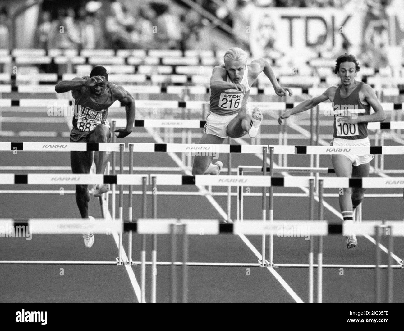 IAAF WORLD ATHLETIC CHAMPIONSHIP HELSINKI 1983Arto Bryggare Finland leads the final in the 110 m hurdles ahead of Willie Gault USA and Ventzislav Radev Bulgaria Stock Photo
