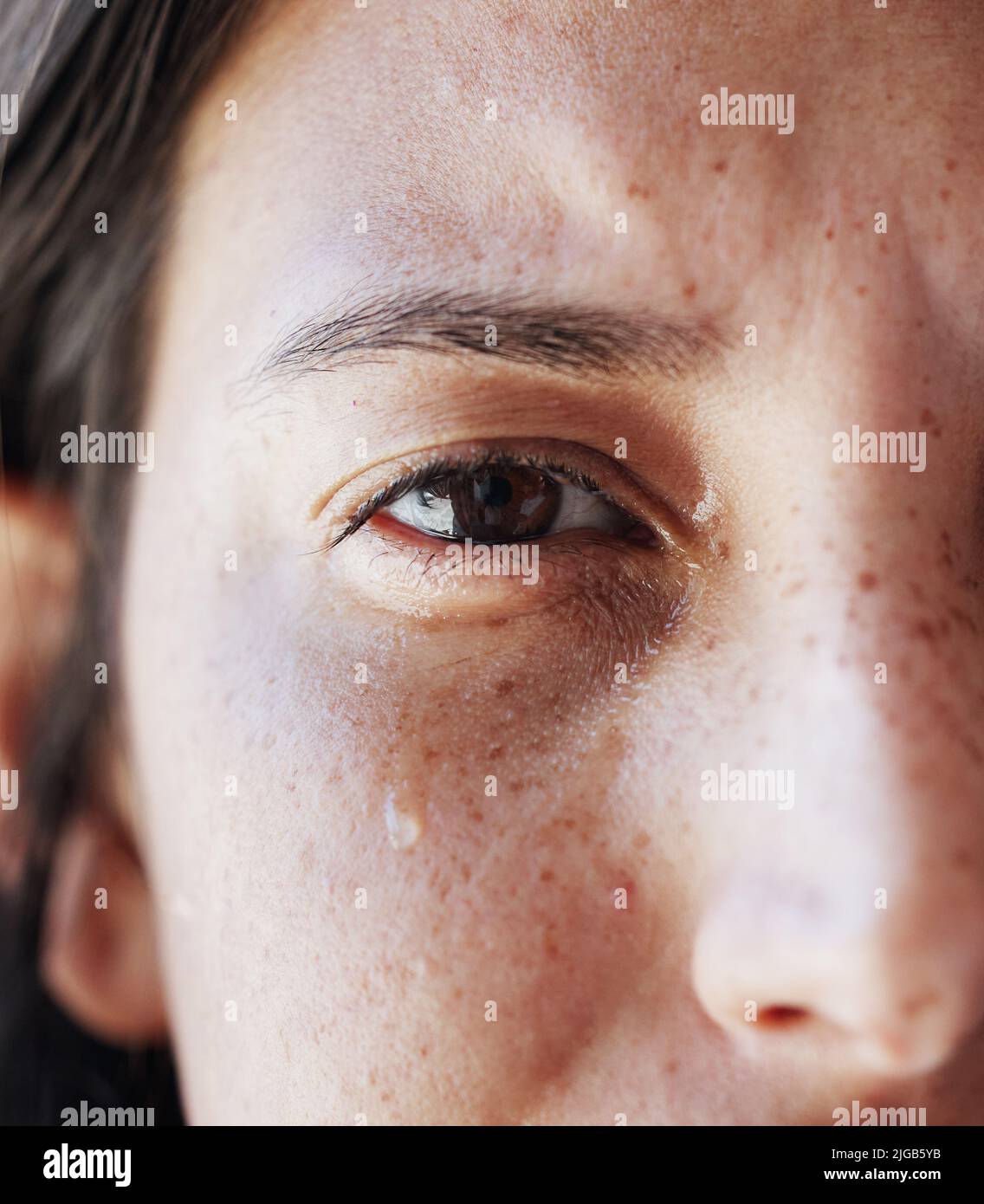 Distress And Suffering With A Human Eye Crying A Single Tear Drop With A  Screaming Facial Expression Of Anguish And Pain Due To Grief Or Emotional  Loss Or Business Burnout Stock Photo