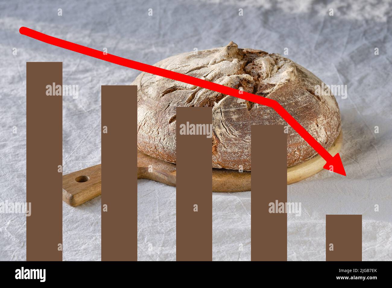 Crisis graph with negative statistics. Background with loaf of dark bread on wood with linen towel. Stock Photo