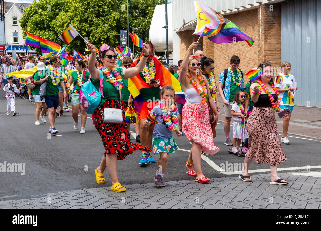 Bournemouth, Dorset, UK. 9th July, 2022. Bourne Free parade at Bournemouth - crowds turn out to watch Bournemouth's annual LGBT Pride Festival and celebration of diversity with approximately 800 people taking part. The theme this year is Pride Goes Green, as participants walk the route. Credit: Carolyn Jenkins/Alamy Live News Stock Photo