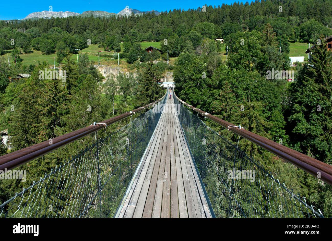 Suspension bridge Goms Bridge, Bellwald, Valais, Switzerland Stock Photo
