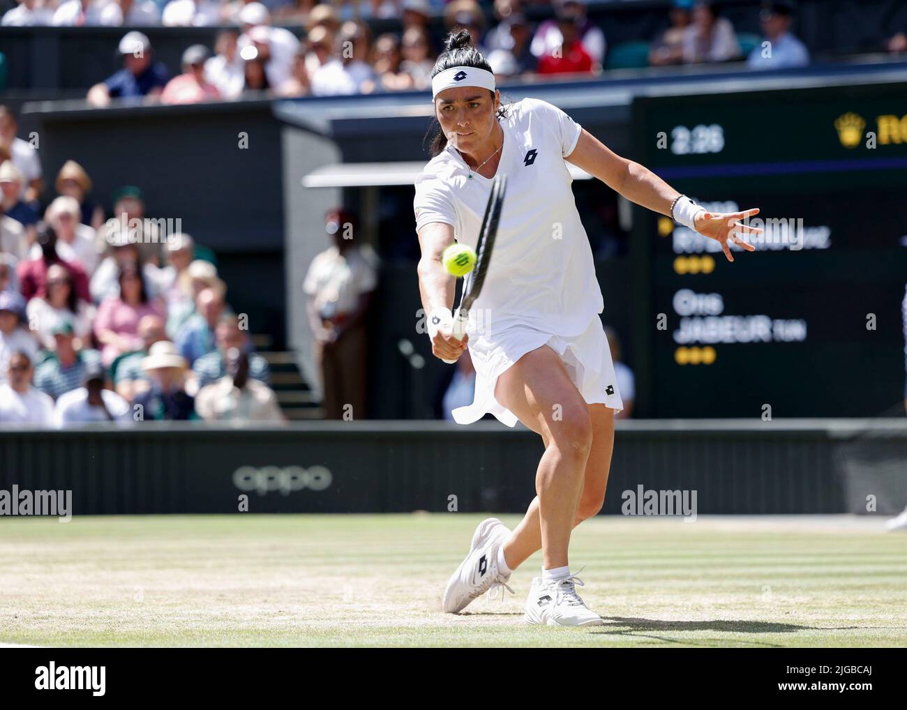 Wimbledon,Great Britain 9th. July, 2022. Tunisian  tennis player Ons Jabeur in action  at the Wimbledon 2022  Championships on Saturday 09 June 2022.,  © Juergen Hasenkopf / Alamy Live News Stock Photo