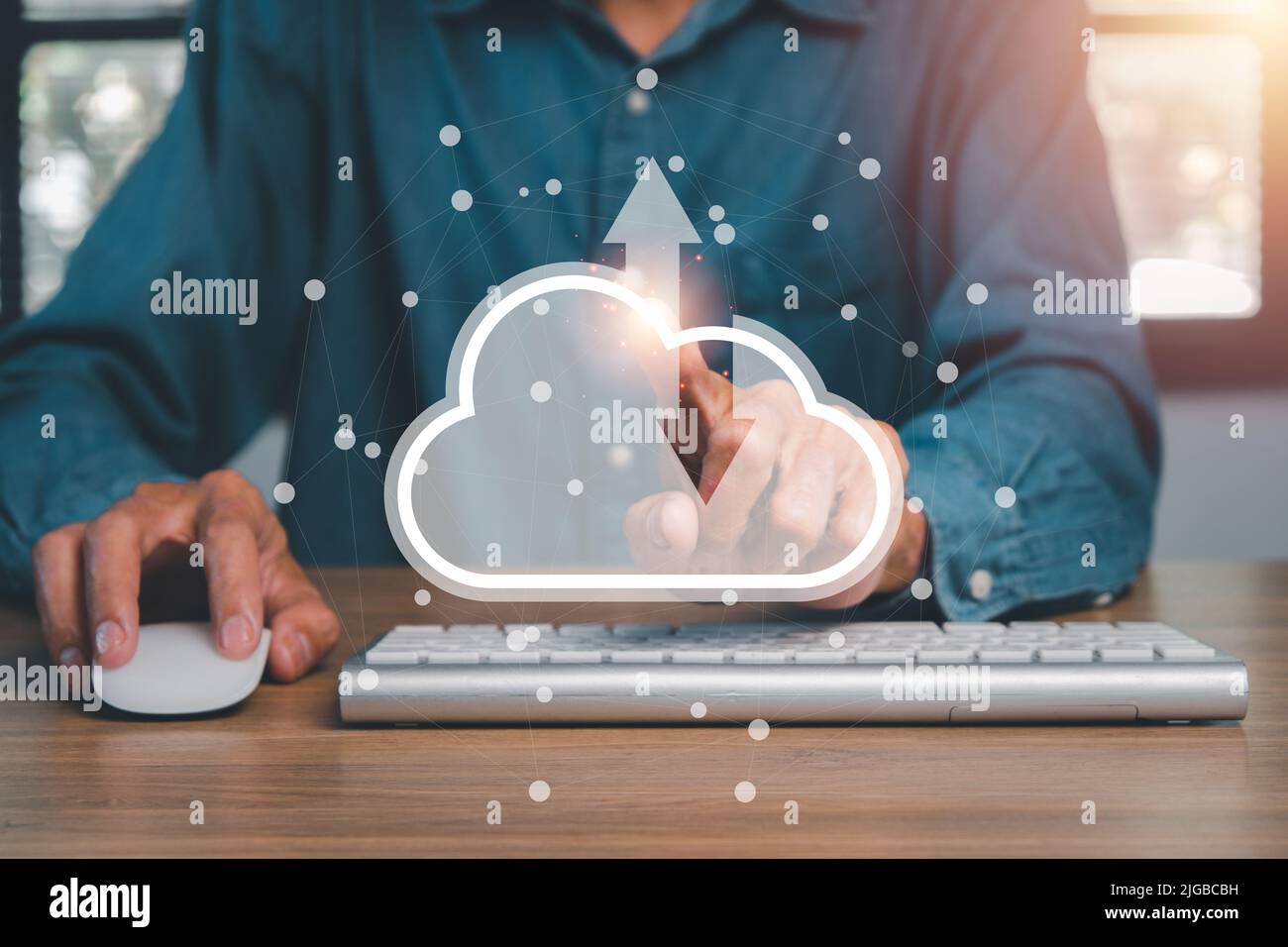 Man hand using computer with cloud computing icon, Cloud computing concept, Backup Storage Data Internet, networking and digital, Share global, techno Stock Photo