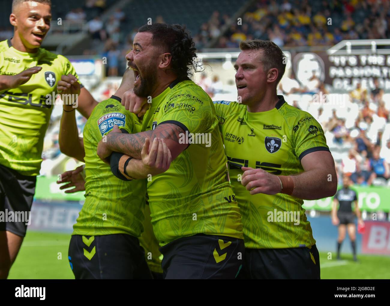 Newcastle, UK. 9th July, 2022. David Fifita of Wakefield Trinity scores a try and celebrates Magic Weekend 2022, Wakefield V Toulouse at St James Park, Newcastle Credit: Craig Cresswell/Alamy Live News Stock Photo