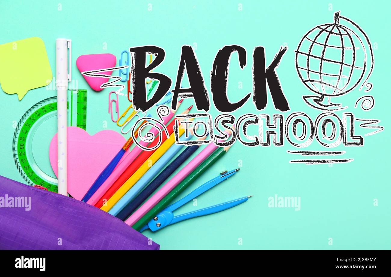Different stationery and text BACK TO SCHOOL on color background Stock ...