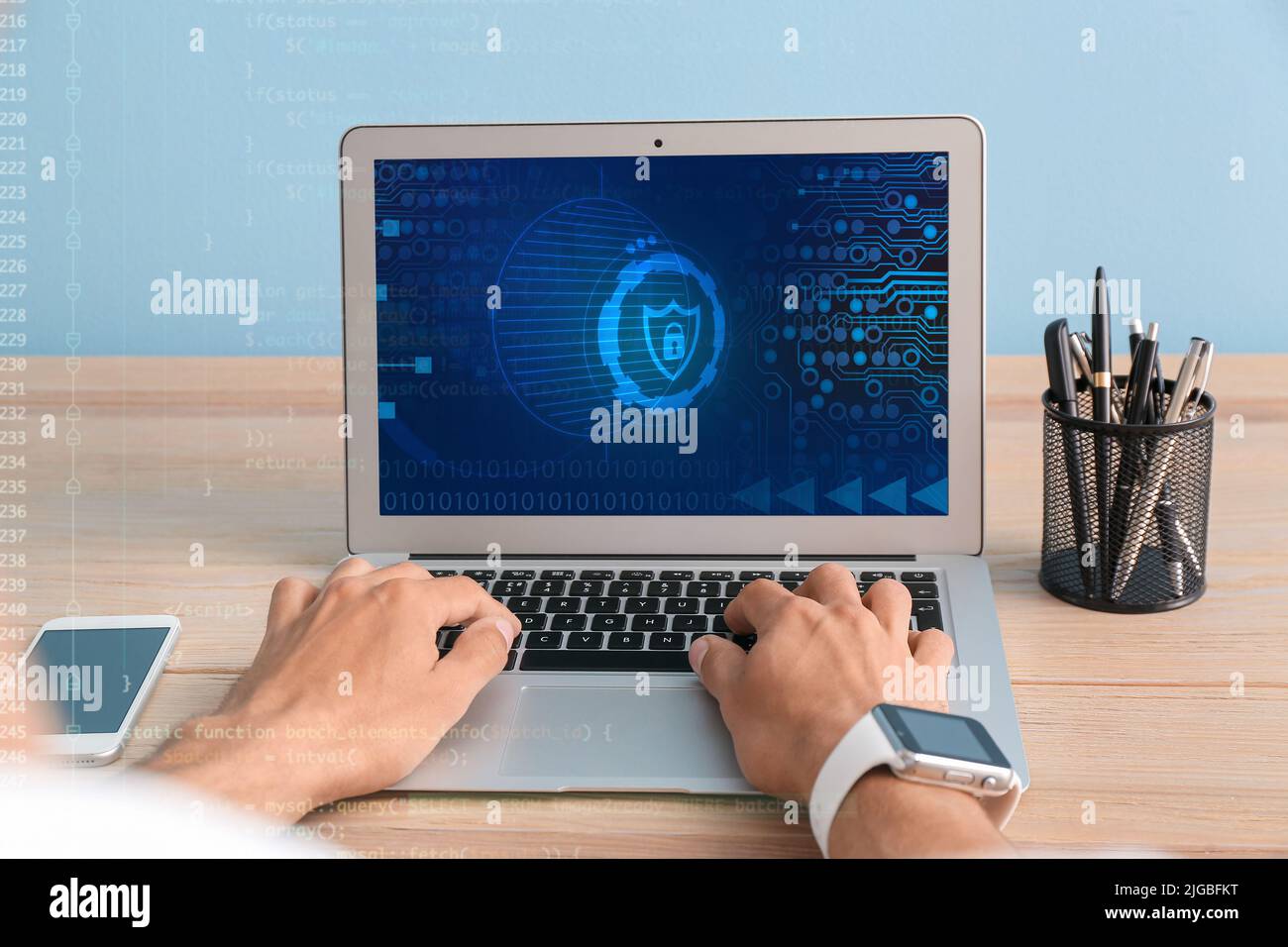 Businessman using laptop with locked screen. Concept of online safety ...