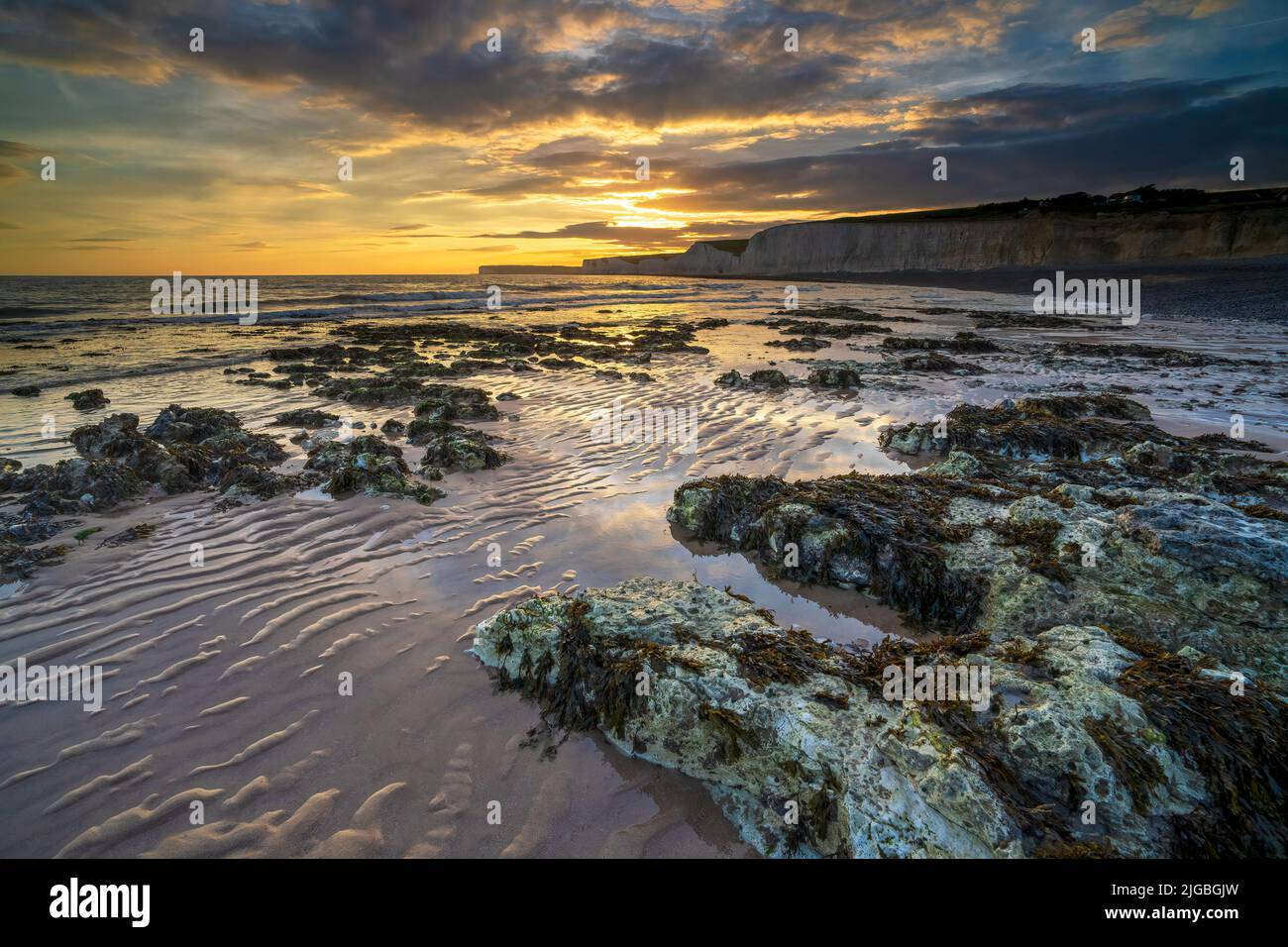 The Seven Sisters  at Birling Gap during sunset on the South Downs National Park, Eastbourne, East Sussex, England, Uk, Gb Stock Photo