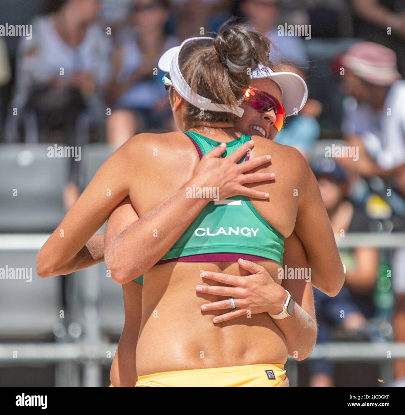Gstaad Switzerland, 9th July 2022: The Australian Team celebrates during Volleyball World Beach Pro Tour 2022. Credit: Eric Dubost/Alamy Live News Stock Photo