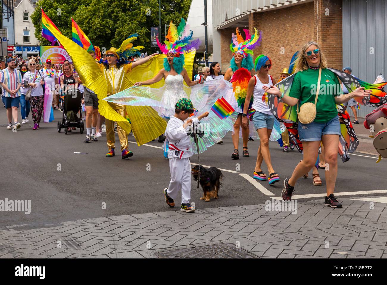 Bournemouth, Dorset, UK. 9th July, 2022. Bourne Free parade at Bournemouth - crowds turn out to watch Bournemouth's annual LGBT Pride Festival and celebration of diversity with approximately 800 people taking part. The theme this year is Pride Goes Green, as participants walk the route. Credit: Carolyn Jenkins/Alamy Live News Stock Photo