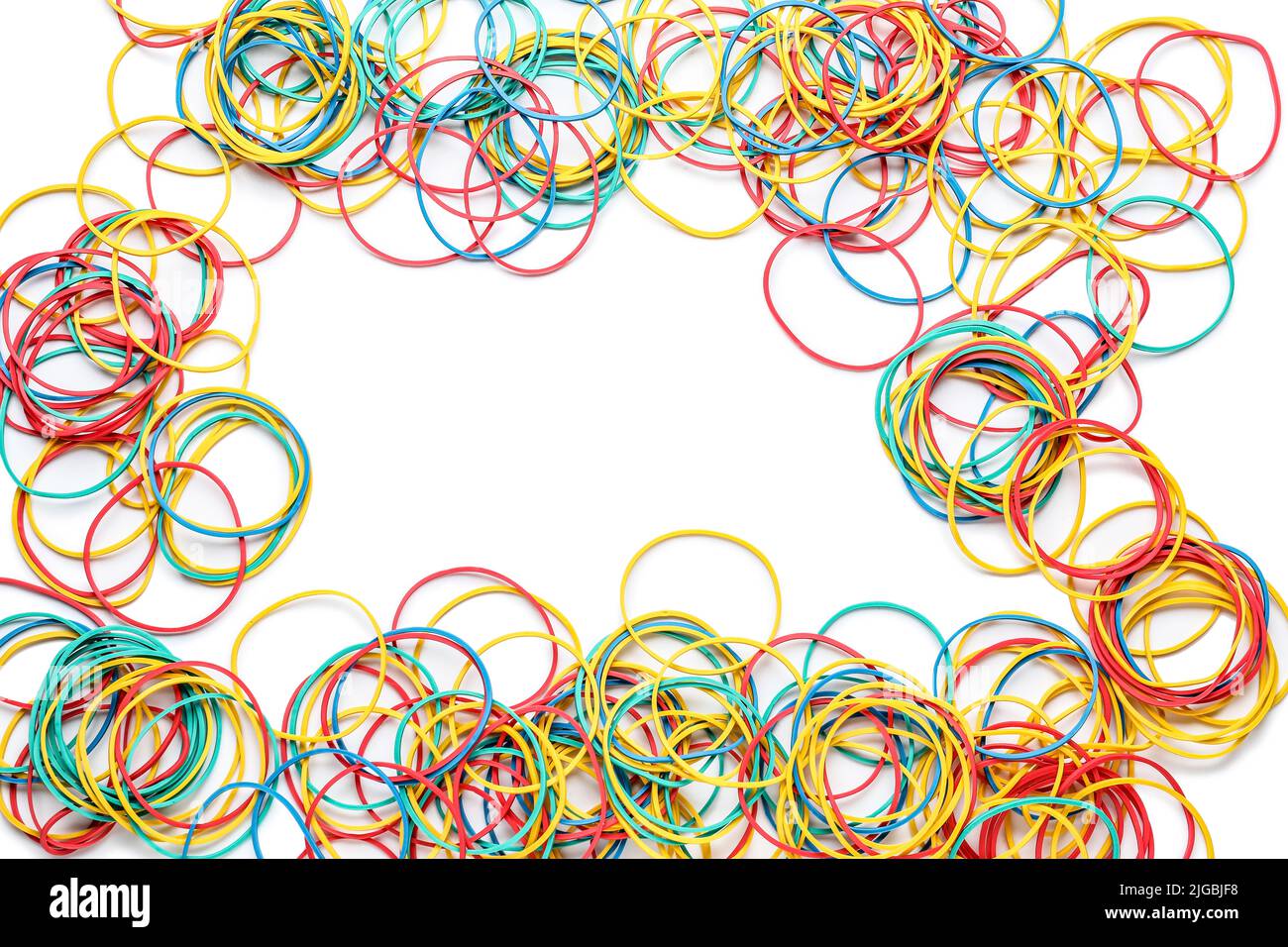 Frame made of different rubber bands on white background Stock Photo