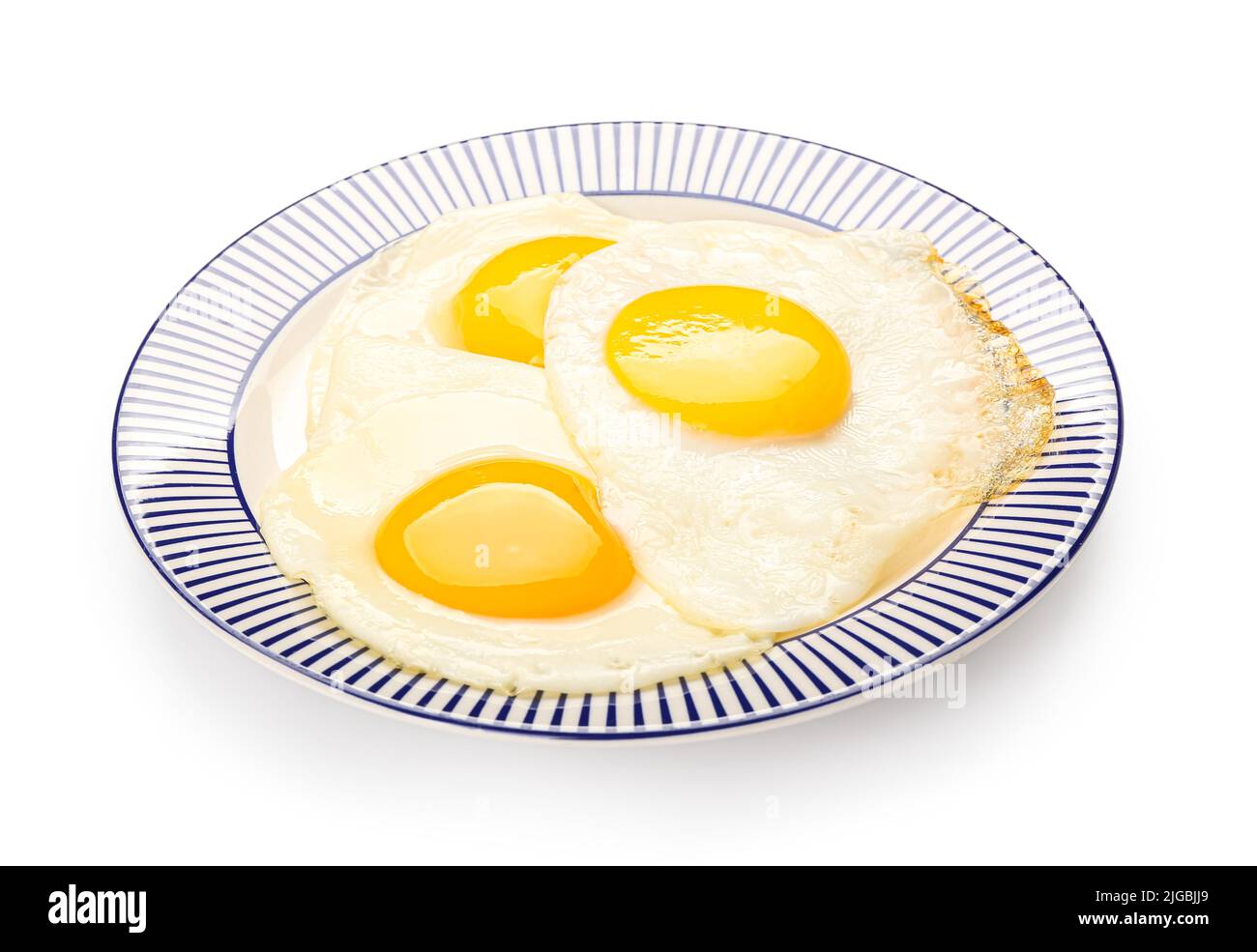 Plate with tasty fried eggs isolated on white background Stock Photo ...