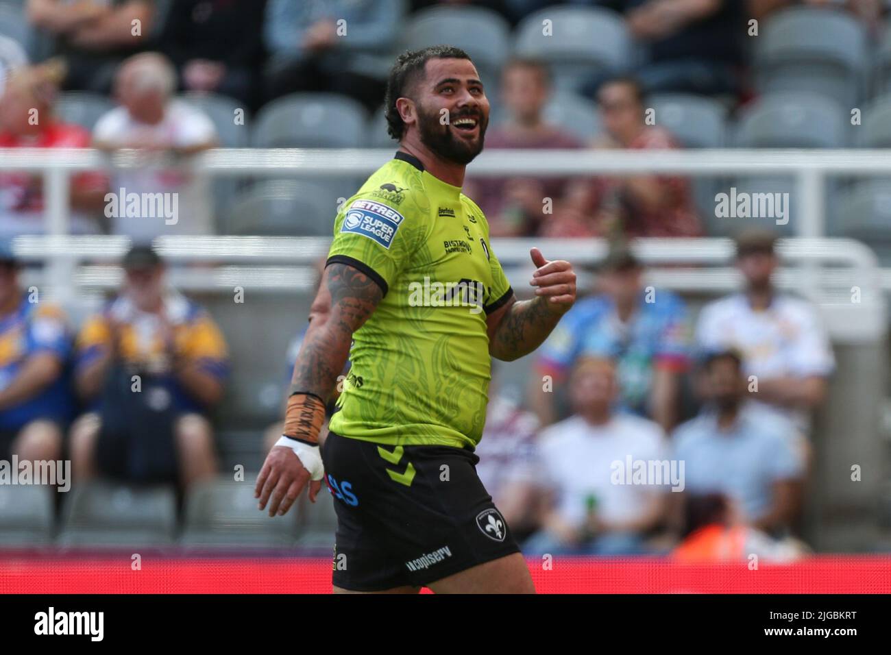 David Fifita #35 of Wakefield Trinity smiles after scoring his try in ,  on 7/9/2022. (Photo by David Greaves Photos/ Via/News Images/Sipa USA) Stock Photo