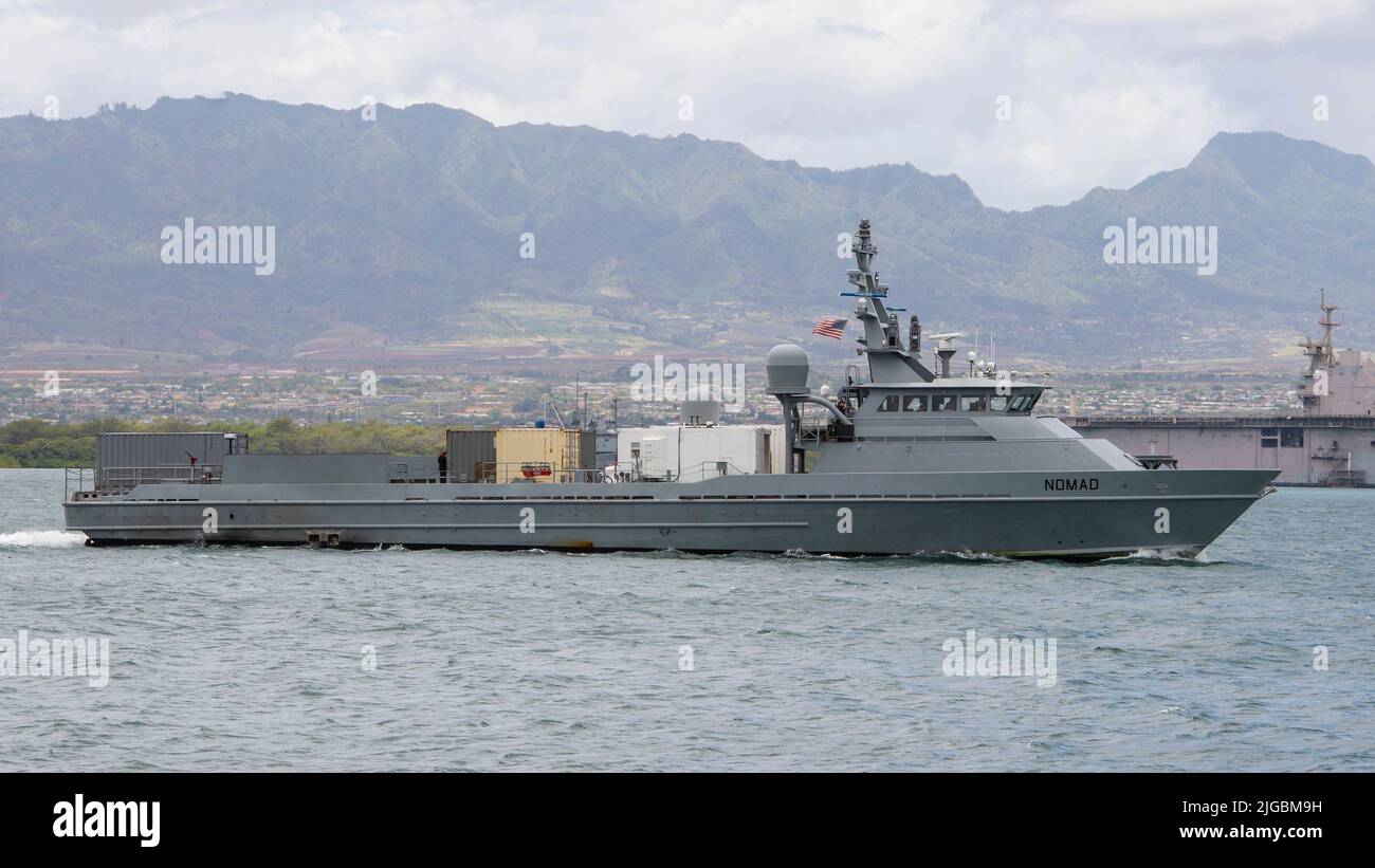 Pearl Harbor, United States. 07 July, 2022. The U.S. Navy large unmanned surface vessel USV Nomad arrives during Rim of the Pacific 2022 at Joint Base Pearl Harbor-Hickham July 7, 2022 in Pearl Harbor, Hawaii. Twenty-six nations, 38 ships, four submarines, 170 aircraft and 25,000 personnel are participating in RIMPAC.  Credit: MC3 Demitrius Williams/Planetpix/Alamy Live News Stock Photo