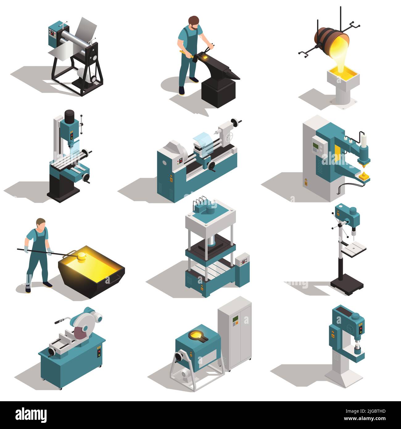 Metalworking equipment people casting forging working on turning lathe drilling cutting bending machines isometric set isolated vector illustration Stock Vector