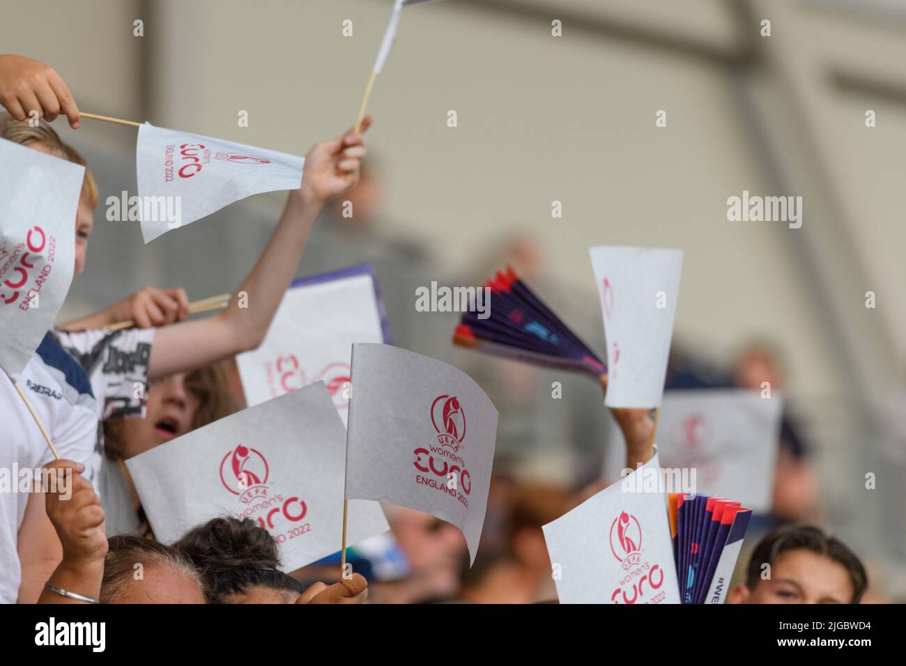 Paper flags with the EURO22 logo waved before the UEFA Womens Euro 2022 football match between Germany and Denmark at Brentford Community Stadium in Brentford, England. (Sven Beyrich /Sportfrauen /SPP) Credit: SPP Sport Press Photo. /Alamy Live News Stock Photo