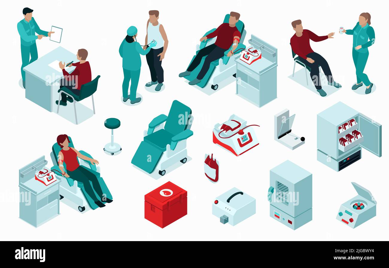 Blood donation procedure isometric set with registration screening