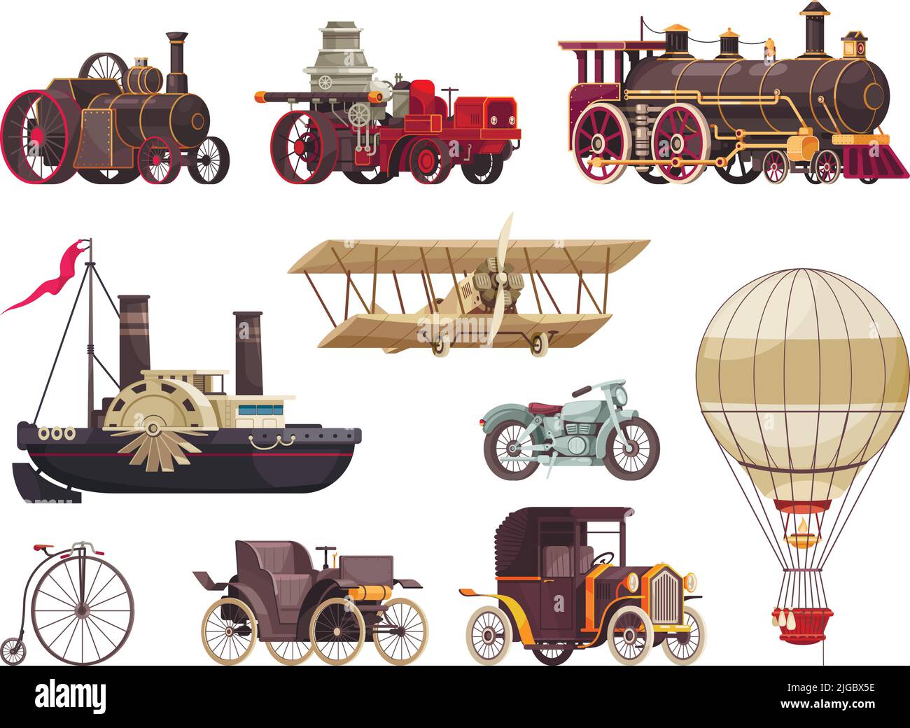 Vintage passenger transport set with isolated icons of steam locomotives images of aerostats cars and steamboat vector illustration Stock Vector