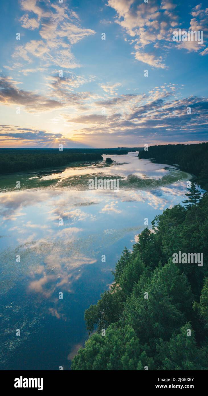 Aerial photo of northern Michigan sunrise over Iargo Springs in Oscoda