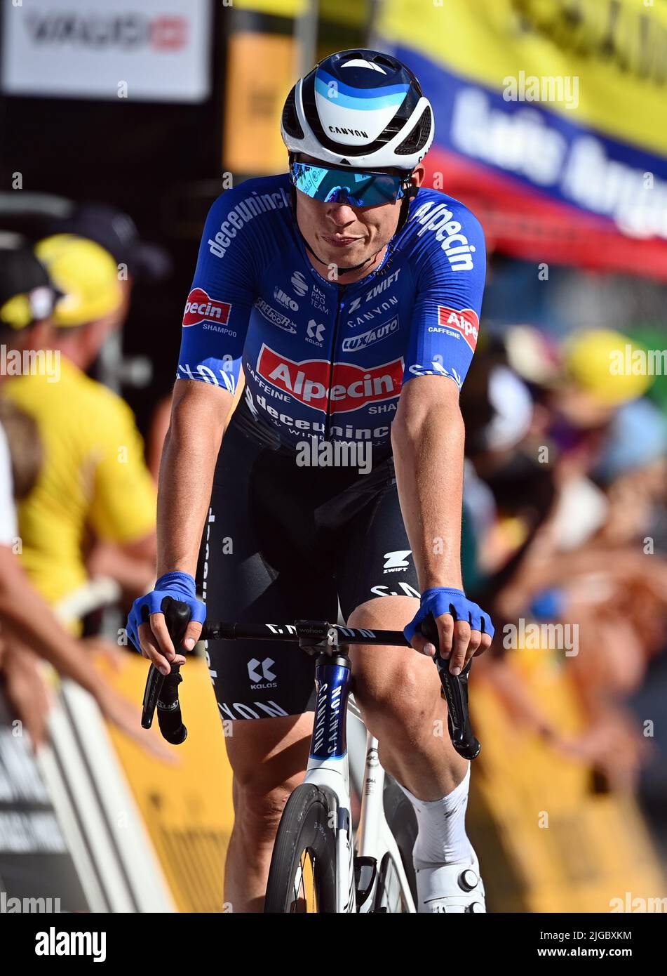 Belgian Jasper Philipsen of Alpecin-Deceuninck pictured after stage eight of the Tour de France cycling race, a 184km race from Dole, France, to Lausanne, Switzerland, on Saturday 09 July 2022. This year's Tour de France takes place from 01 to 24 July 2022. BELGA PHOTO POOL DAVID STOCKMAN - UK OUT Stock Photo
