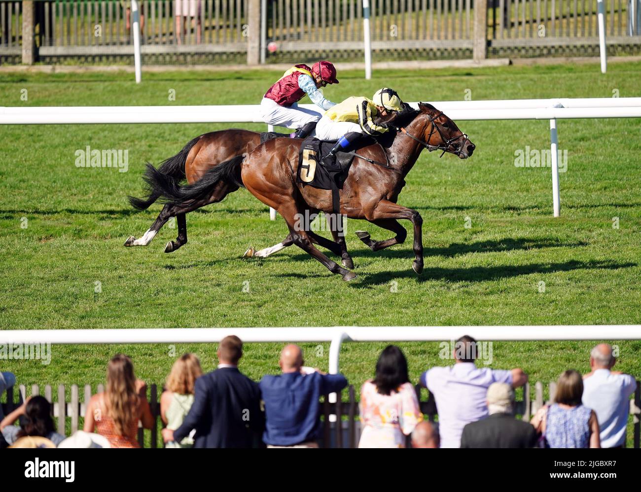 Adjuvant ridden by jockey Benoit De La Sayette (right) on their way to winning the Moet & Chandon Handicap on Darley July Cup Day of the Moet and Chandon July Festival at Newmarket racecourse, Suffolk. Picture date: Saturday July 9, 2022. Stock Photo