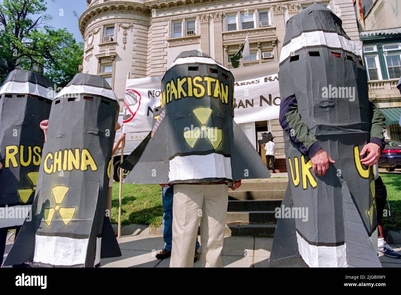 Greenpeace protestors, wearing bomb costumes, rally outside the Embassy of Pakistan, May 28, 1998 in Washington, DC. The protesters called for an end to nuclear arms race which has increased with Pakistan joining nuclear armed nations. Stock Photo