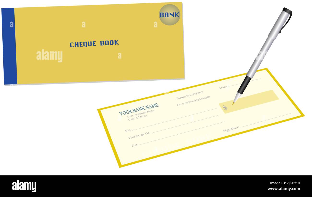 Cheque book in sofe yellow and blue color with grey and black or silver pen in white background Stock Photo