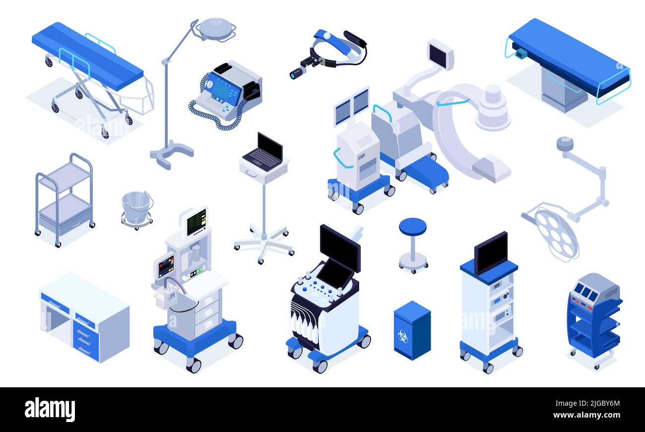 Medical operating room equipment furniture devices isometric set with patient monitoring system surgical table lights vector illustration Stock Vector