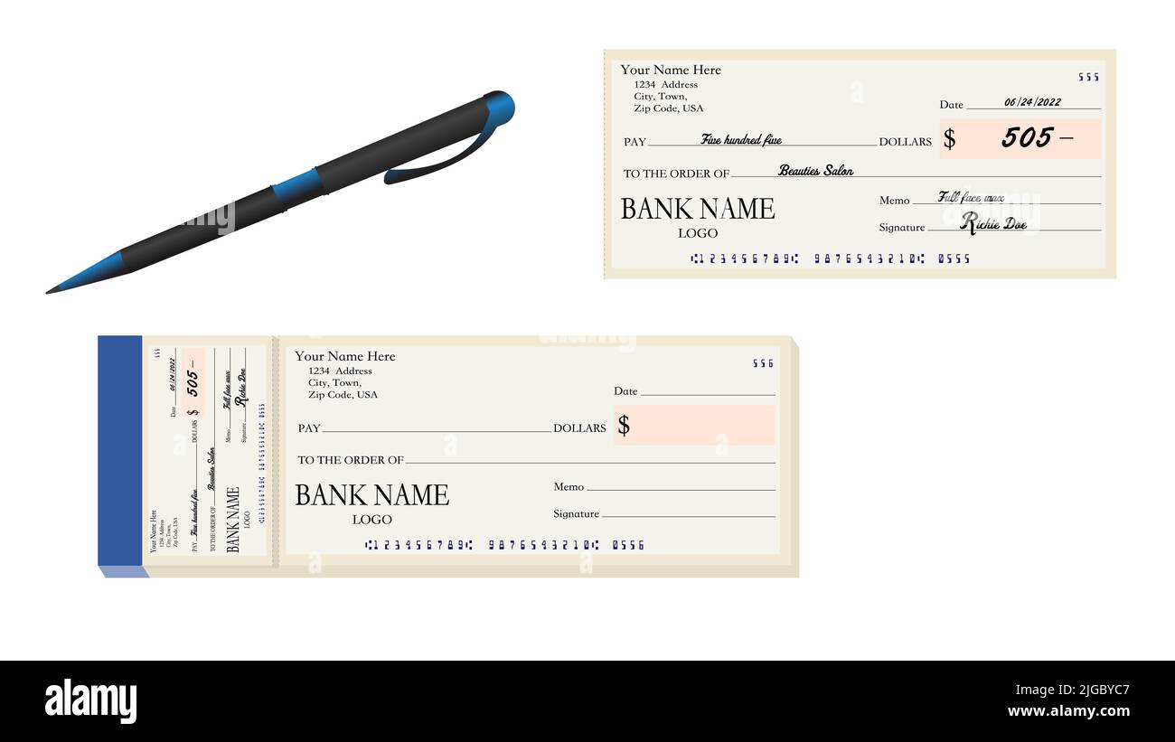 Cheque book in yellow and blue color with black pen in white background