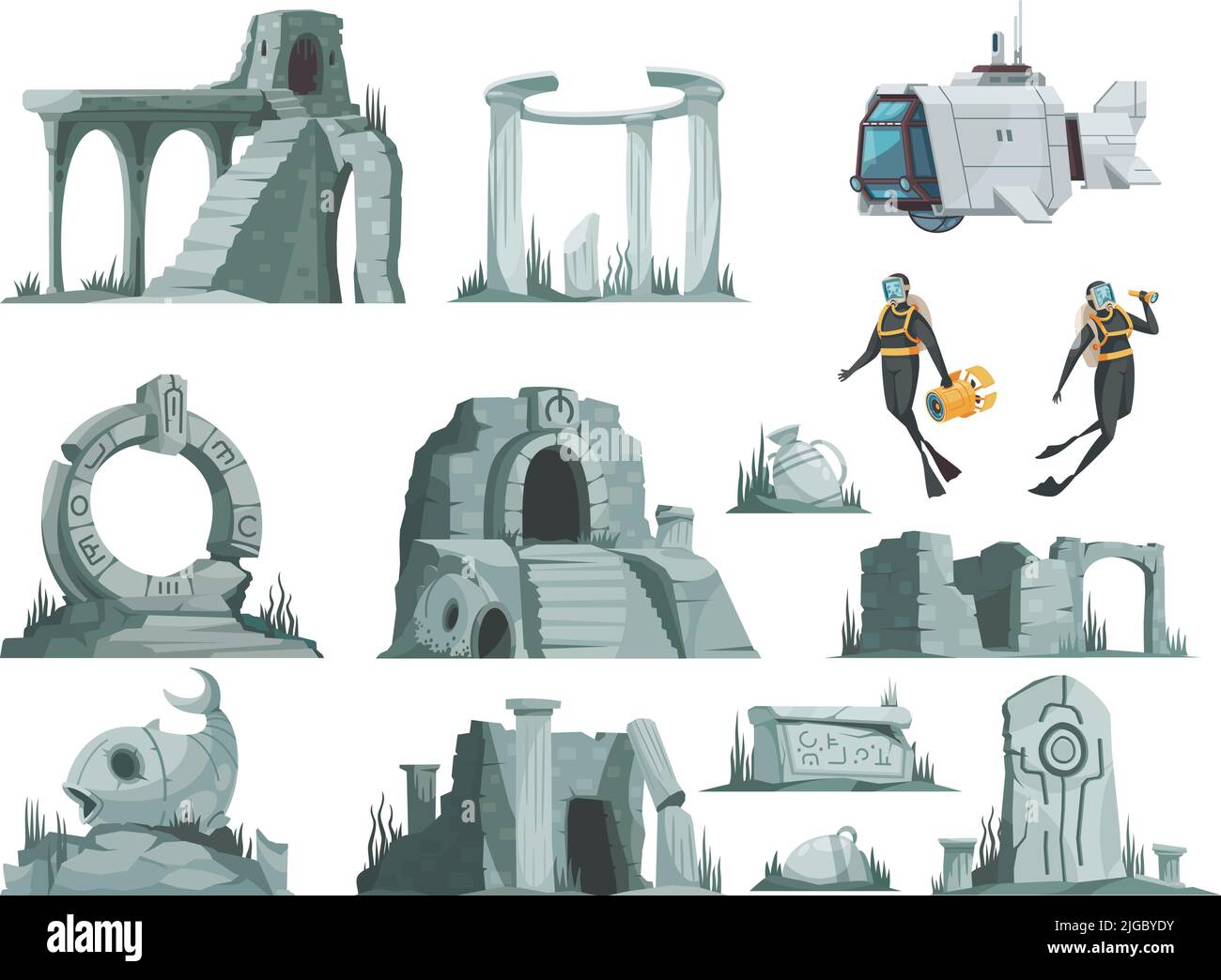 Atlantis ruins cartoon icons set of elements for computer game isolated ...