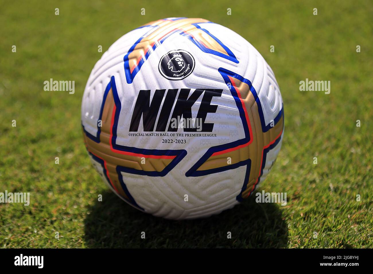 Borehamwood, UK. 09th July, 2022. A detailed view of the Nike Flight match football is pictured on the pitch. Pre-season friendly match, Boreham Wood FC v Brentford at LV Bet Stadium Meadow Park in Borehamwood, Herts on Saturday 9th July 2022. this image may only be used for Editorial purposes. Editorial use only, license required for commercial use. No use in betting, games or a single club/league/player publications. pic by Steffan Bowen/Andrew Orchard sports photography/Alamy Live news Credit: Andrew Orchard sports photography/Alamy Live News Stock Photo