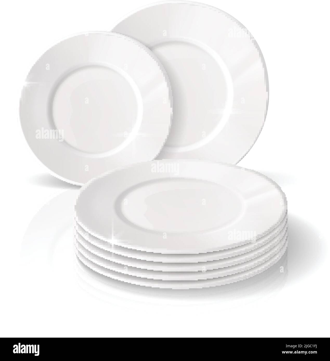 Dining set composition with white clean porcelain plates stack on white